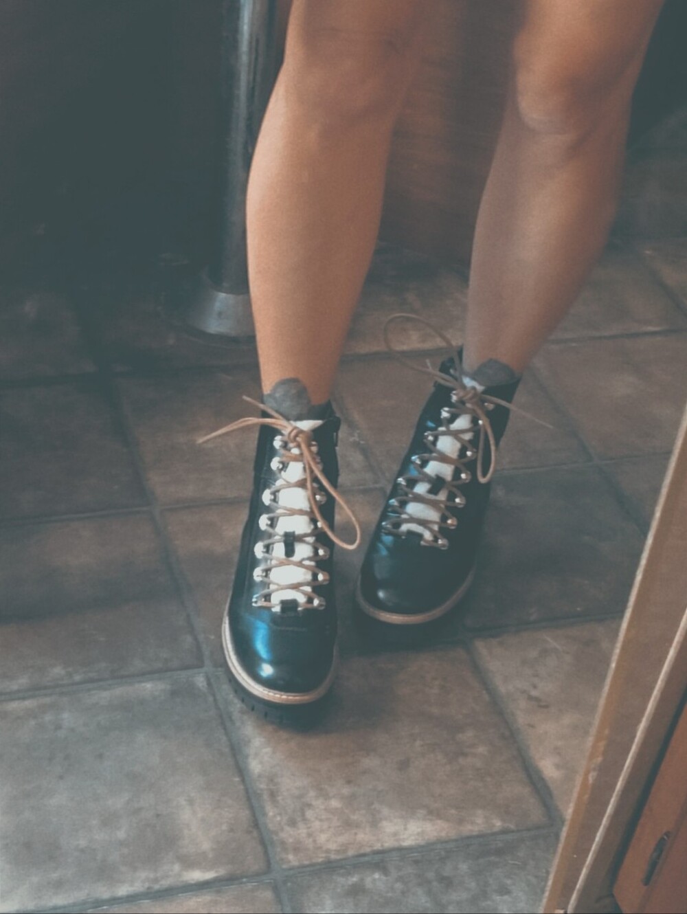 A NEW DAY- Black Leather Combat Boots with Brown Laces- FUZZY
